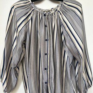 Tucker • The Classic Blouse 100% silk navy/cream smocked balloon sleeve